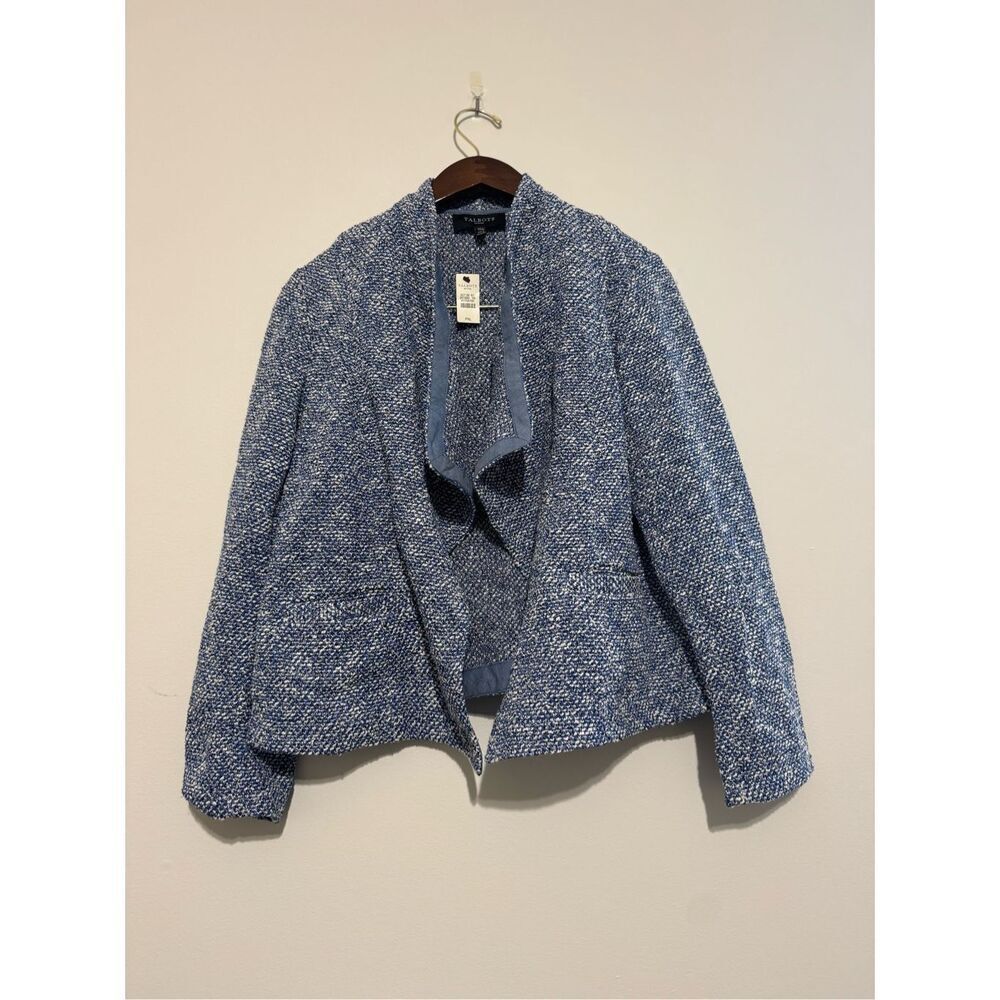 NWT Talbots Sz PXL Chic Woven Blue White Tweed Open Draping Sweater Jacket Cardi